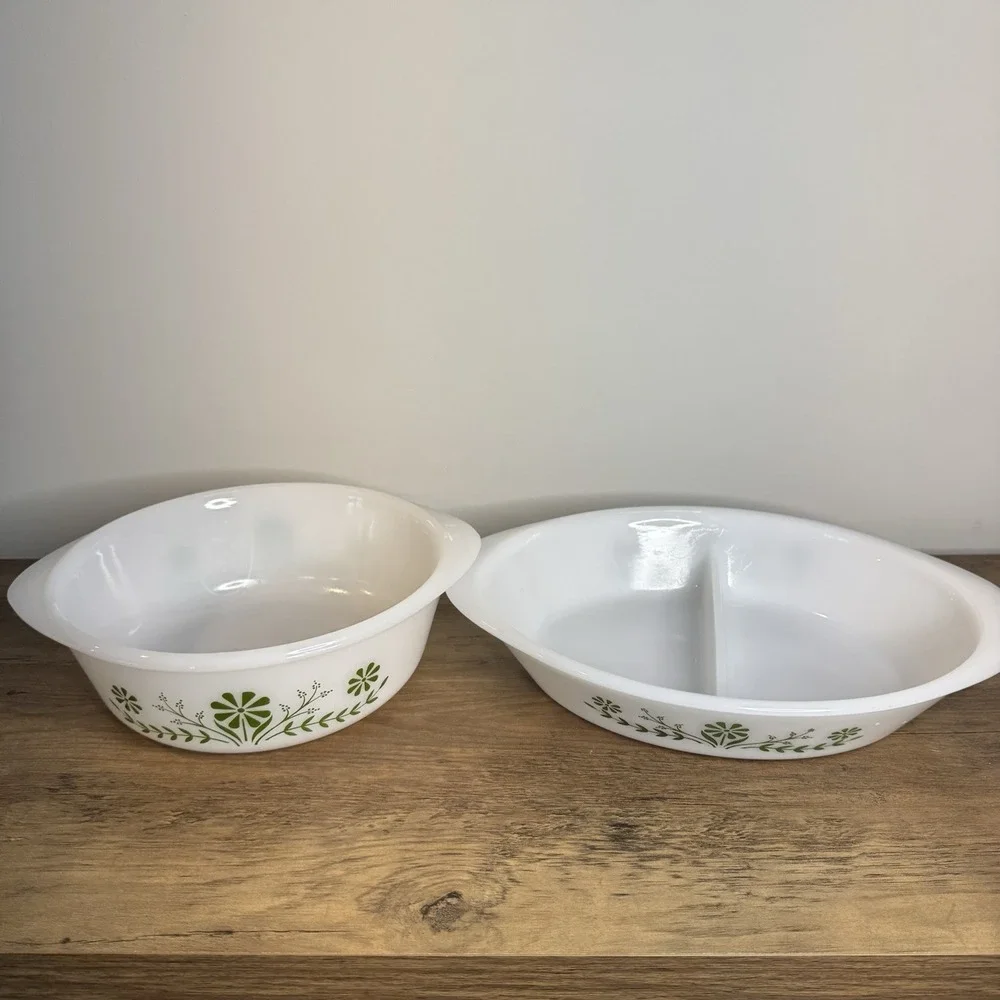 Vintage Glasbake Green Floral Milk Glass Bowl &‎ Divided Casserole Dish Set